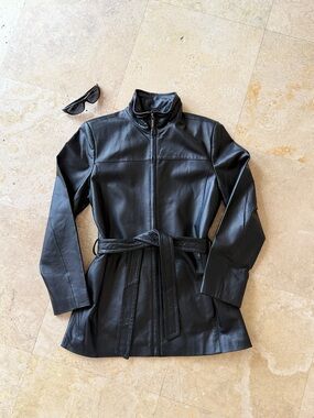 Worthington Vintage 90s Y2K Black 100% Genuine Leather Belted Jacket Medium